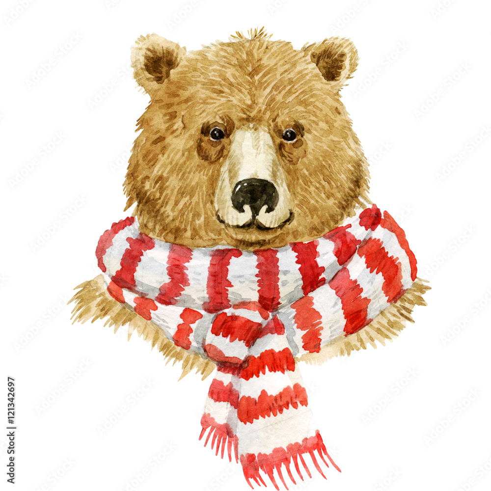 Naklejka premium Brown bear wearing a scarf