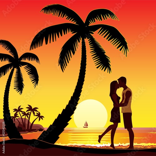 romantic couple kissing on the beach, sunset