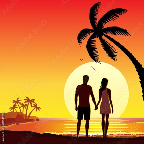 The couple on holiday in summer tropical ocean sunset