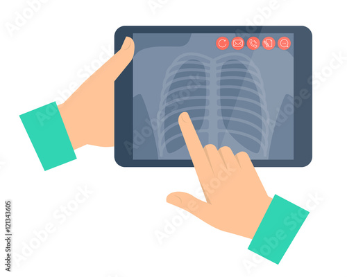 Doctor holding a tablet computer with lung radiography. Telemedi
