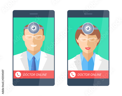 Doctor online with web cam on a phone screen.