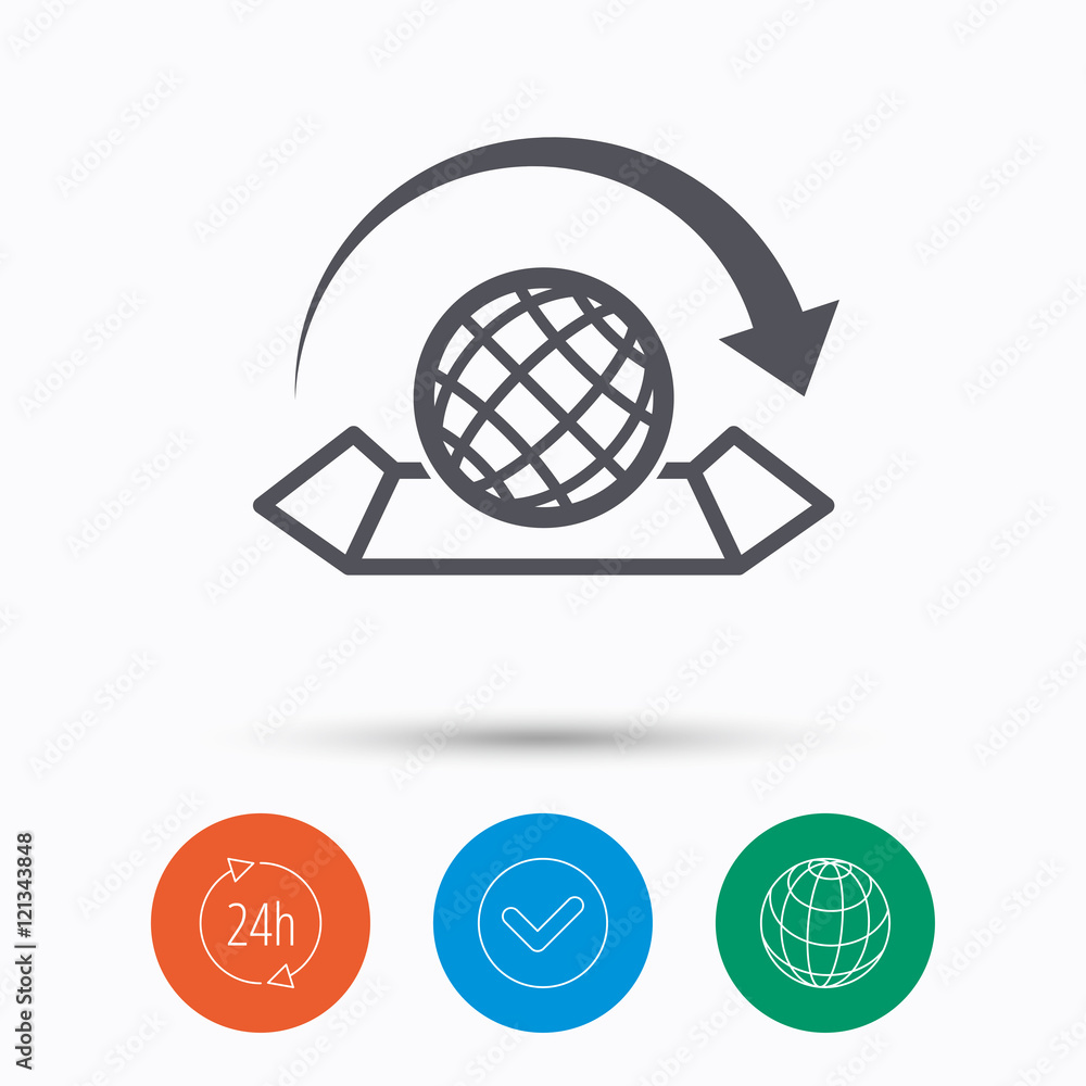 World map icon. Globe with arrow sign. World map icon. Globe with arrow sign.