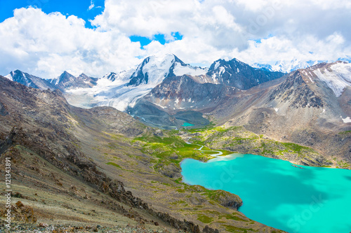 Landscape with mountain lake Ala-Kul, Kyrgyzstan.