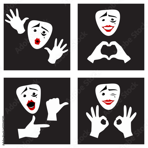 Facial expressions and gestures . Mime mask and gloves . Set. Ve