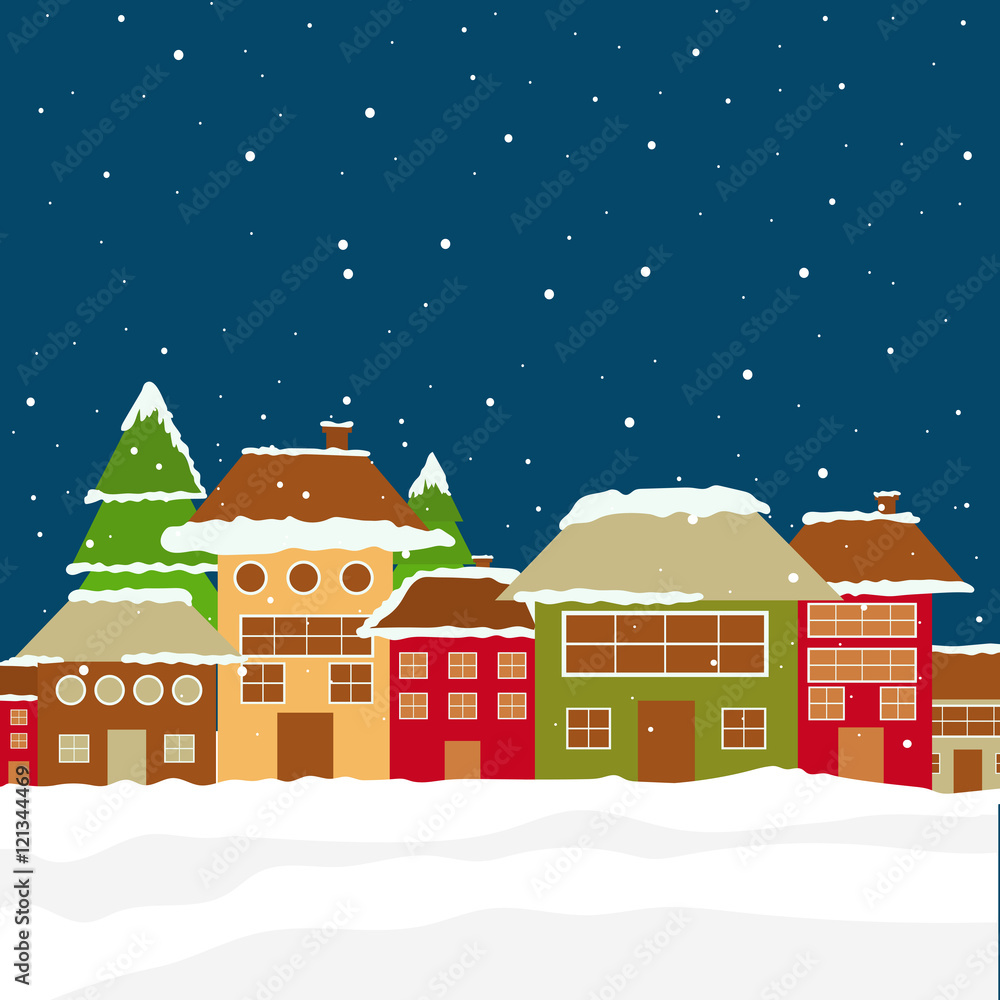 Colorful houses on winter background for Merry Christmas.