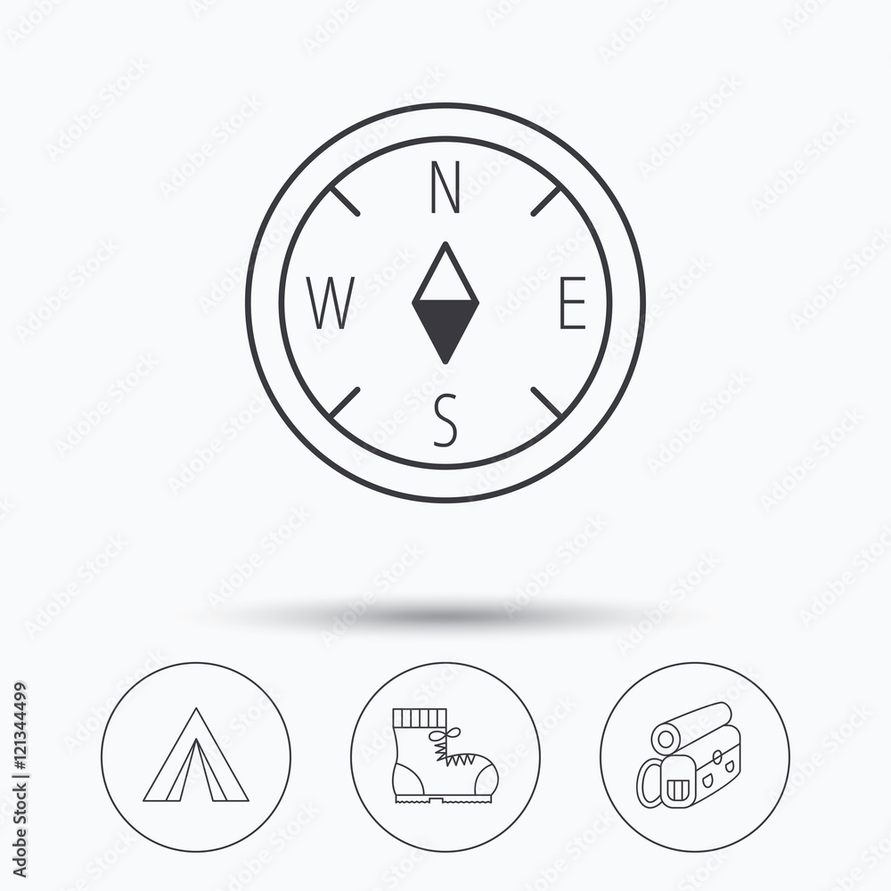 Backpack, camping tent and compass icons. Backpack, camping tent and compass icons.