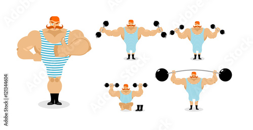 Retro athlete set poses. Ancient bodybuilder with red mustache e