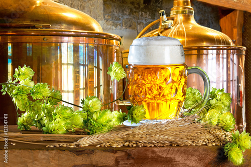 Photography Beer glass and raw material for beer production in the brewery