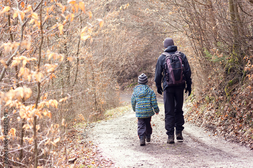 Father and son walking on forest road