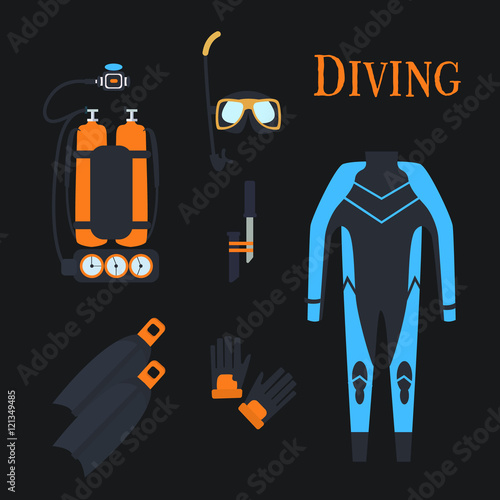 Set for diving sports. .kostyum immersion in water, Balon air . Vector illustration