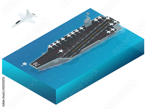 Aircraft assigned to the nuclear-powered aircraft carrier. Isometric vector Navy Nuclear Aircraft carrier
