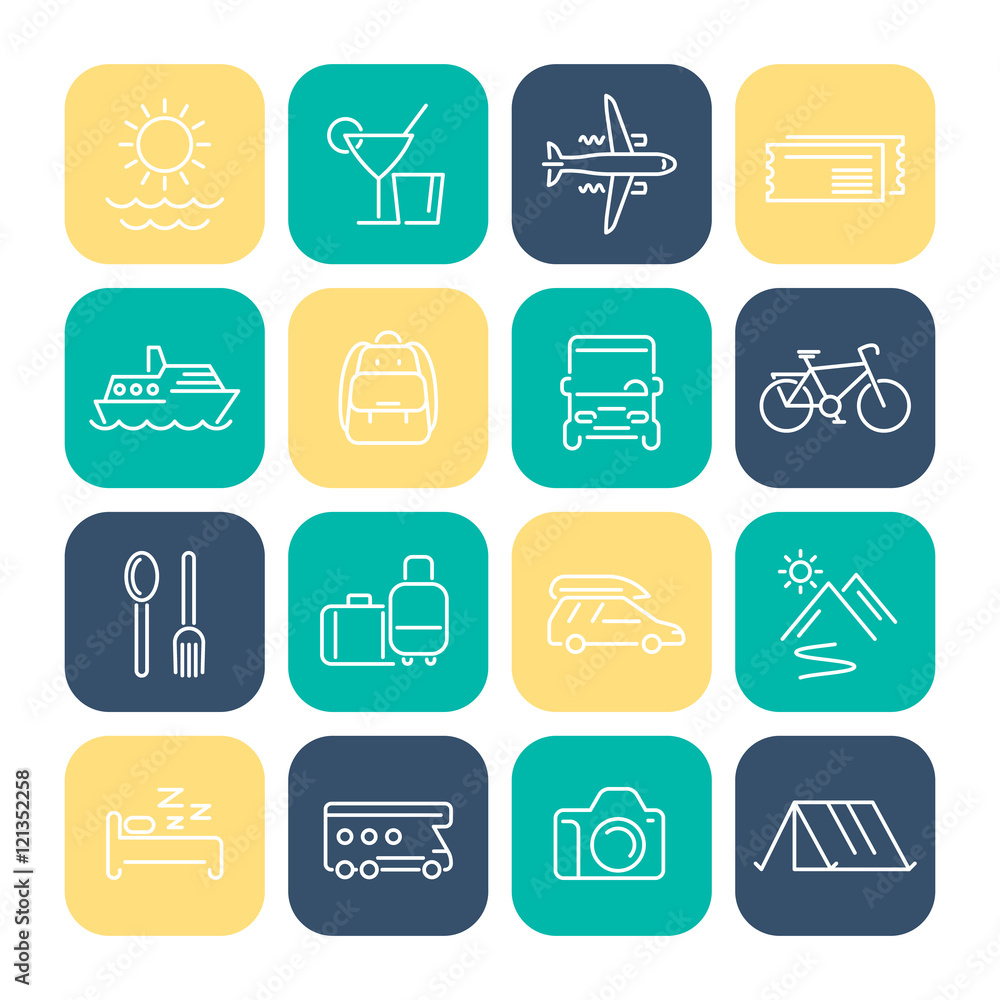 Travel, tourism line icons set, recreation, trip, tour, vacation, cruise, hotel Travel, tourism line icons set, recreation, trip, tour, vacation, cruise, hotel