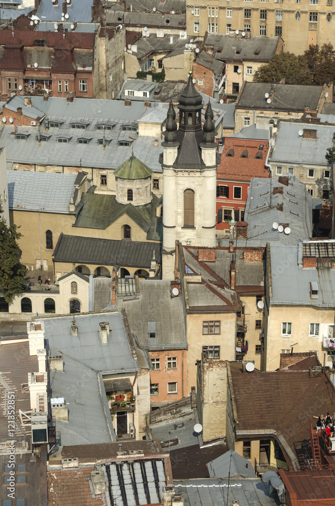 View from the Town Hall on the Armenian Cathedral of the Assumption of the Blessed Virgin, Lviv, Ukraine
