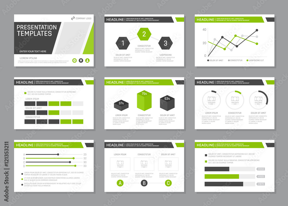 Set of green and gray template for multipurpose presentation slides with graphs and charts. Leaflet, annual report, book cover design.