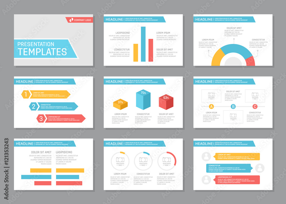 Set of multicolour template for multipurpose presentation slides with graphs and charts. Leaflet, annual report, book cover design.