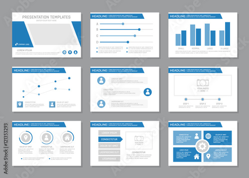Set of blue template for multipurpose presentation slides with graphs and charts. Leaflet, annual report, book cover design.