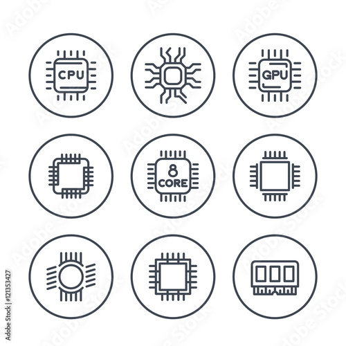 Chipset, cpu line icons in circles, microchip, gpu, 8 core processor