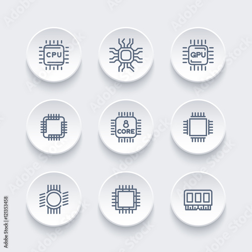 Chipset, cpu line icons set, microchip, gpu, multi-core processor