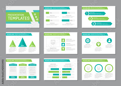 Set of turquoise and green template for multipurpose presentation slides with graphs and charts. Leaflet, annual report, book cover design.