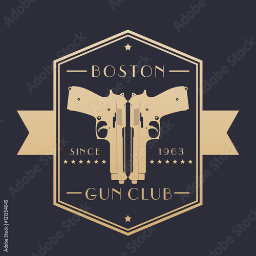 Gun club vintage emblem with pistols, gold logo with two handguns, vector illustration