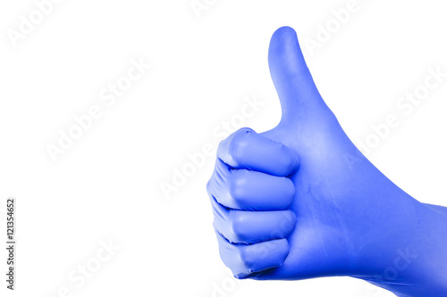 Hand in blue glove isolated on white with thumb up.