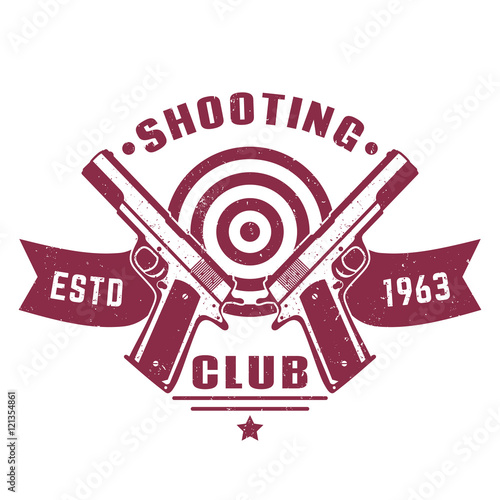 Shooting club logo, vintage emblem, badge with two pistols, dark red on white