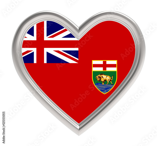 Manitoba flag in silver heart isolated on white background. 3D illustration.