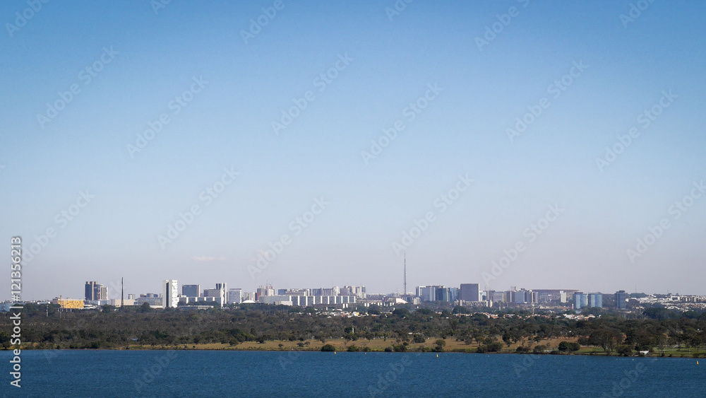 Brasilia city skyline, Brazil. A view of the modern Brazilian capital city of Brasilia under clear sky copy space.