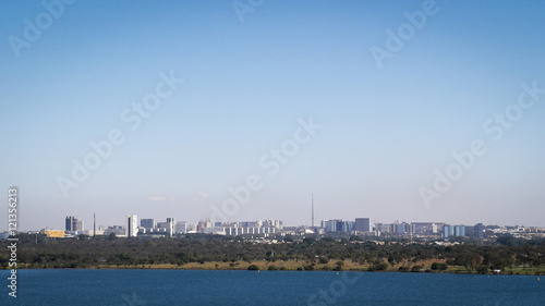Brasilia city skyline, Brazil. A view of the modern Brazilian capital city of Brasilia under clear sky copy space.