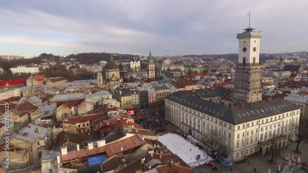 Aerial Old City Lviv, Ukraine. Central part of old city. European City. Densely populated areas of the city. Town hall. Lviv central. New year Aerial Old City Lviv, Ukraine. Central part of old city. European City. Densely populated areas of the city. Town hall. Lviv central. New year