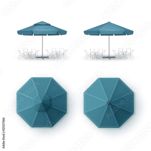 Vector Set of Blue Blank Patio Outdoor Market Beach Cafe Bar Pub Restaurant Round Umbrella Parasol Isolated Close up