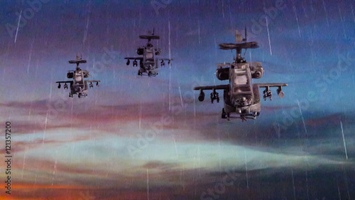 Military gunships flying with dramatic sky