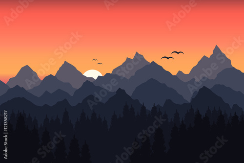 Vector illustration of sunset in the mountains
