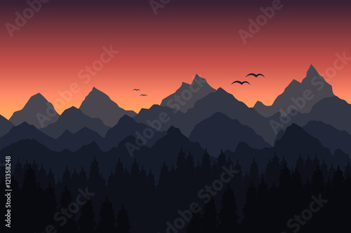 Vector illustration of sunset in the mountains