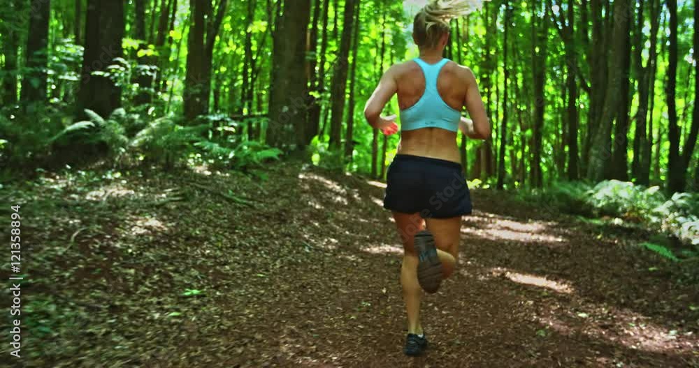 Athletic young woman running in the forest Athletic young woman running in the forest