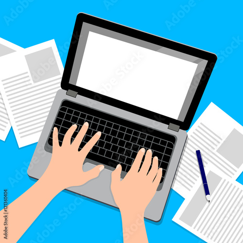 Working with laptop.  hands typing a message in social networks.  illustration top view of people work. 