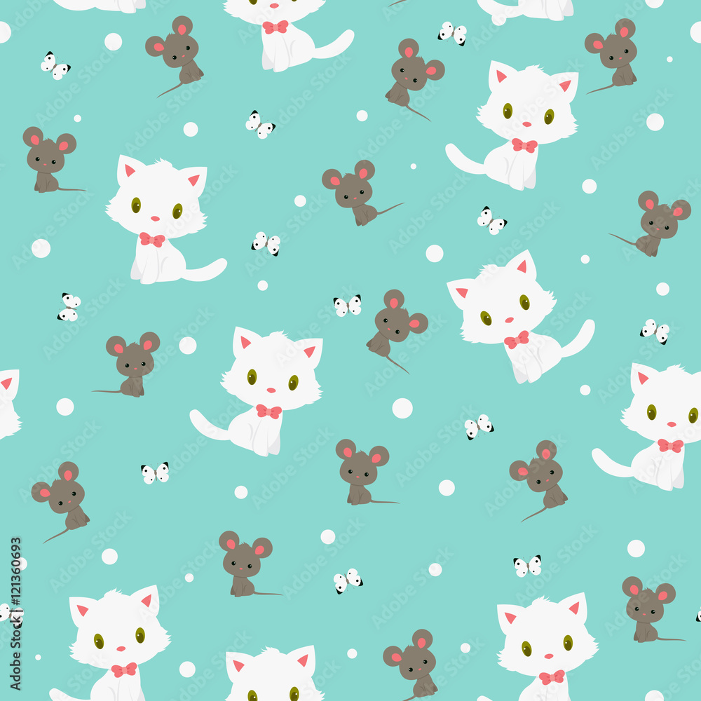 Fototapeta premium White kitten and gray mouse seamless pattern