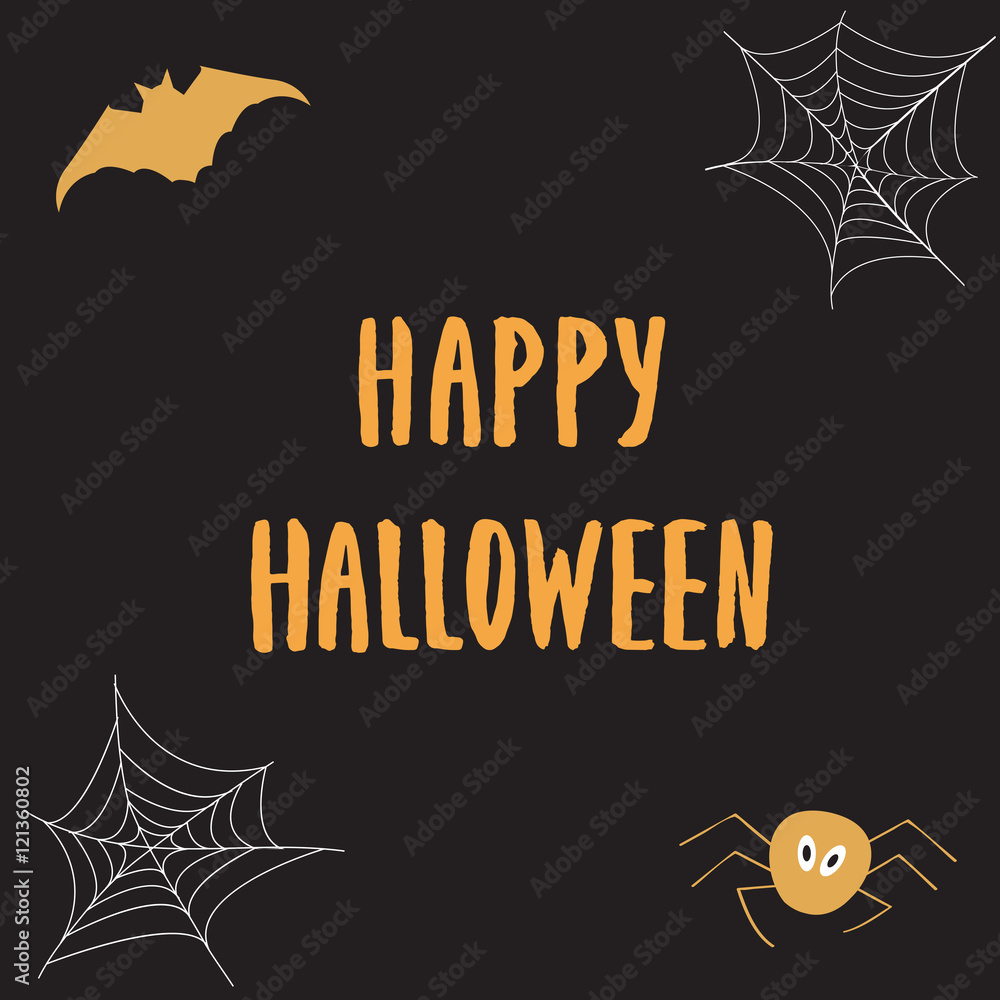 Happy Halloween poster greeting card with modern brush calligraphy hand drawn lettering and holidays elements - web, spider, pumpkin fangs. Halloween postcards, covers, tags, icons set and more.