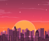 Evening city skyline. Buildings silhouette cityscape. Red sky with sun and clouds. Vector