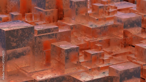 Abstract rusty metallic cubes. Grunge background. 3D illustration.