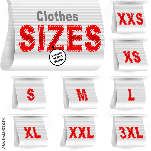 Clothes size labels with standard designation symbols of garment dimensions for customers - XXS, XS, S, M, L, XL, XXL, XXXL; Font of symbols has design embroidered from threads; White vector set Eps10