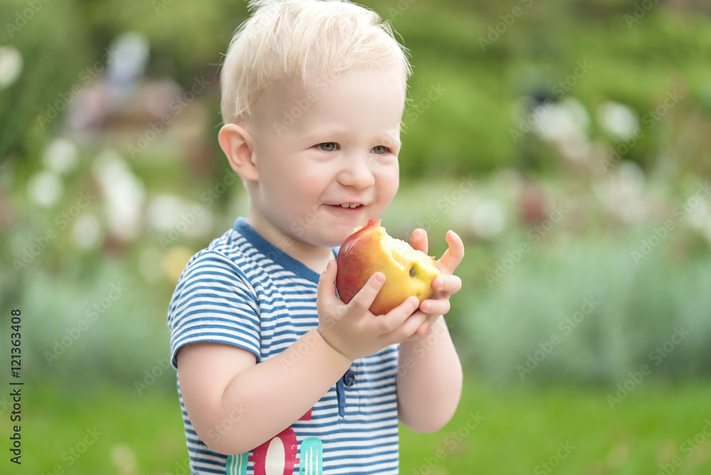 Adorable baby eat apple in the park Adorable baby eat apple in the park