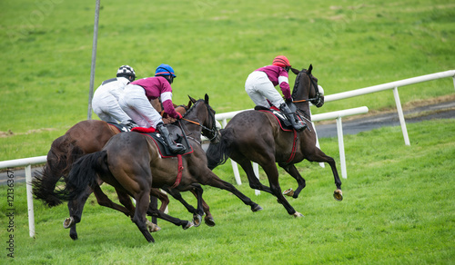 Race horses and jockeys competing for position on the track 