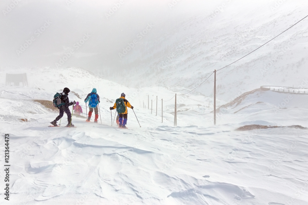 Inverno, Montagna paesaggio innevato con escursionisti.