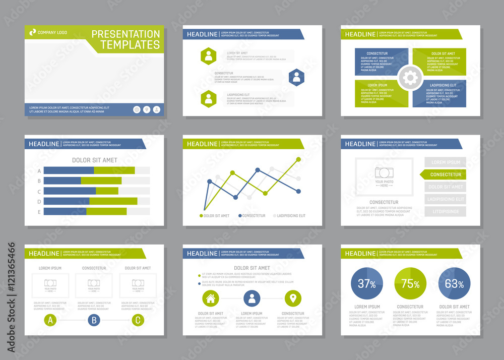 Set of green and blue template for multipurpose presentation slides with graphs and charts. Leaflet, annual report, book cover design. Set of green and blue template for multipurpose presentation slides with graphs and charts. Leaflet, annual report, book cover design.