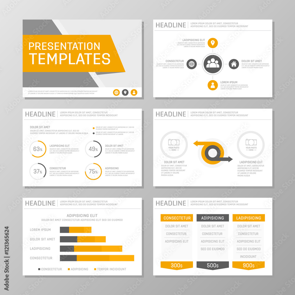 Set of orange and gray template for multipurpose presentation slides with graphs and charts. Leaflet, annual report, book cover design. Set of orange and gray template for multipurpose presentation slides with graphs and charts. Leaflet, annual report, book cover design.
