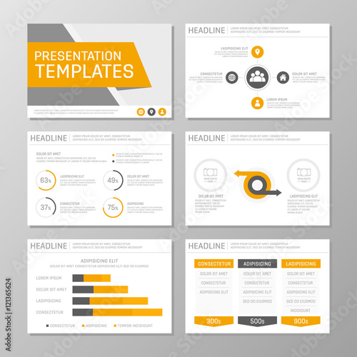 Set of orange and gray template for multipurpose presentation slides with graphs and charts. Leaflet, annual report, book cover design.