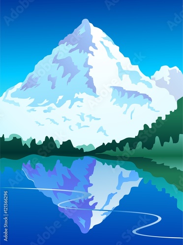 Stylized mountain scene with still lake in blues