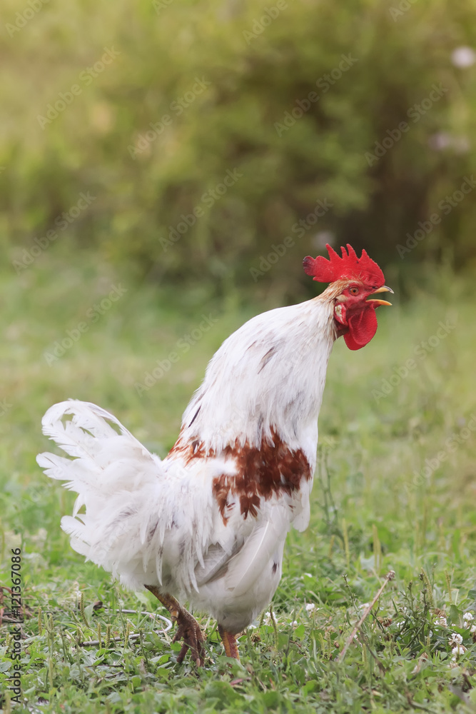 white rooster sings on a green meadow village