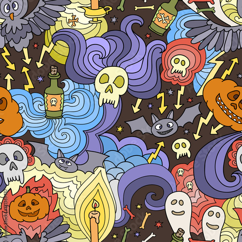 Happy Halloween seamless pattern with pumpkins, ghosts, spiders.